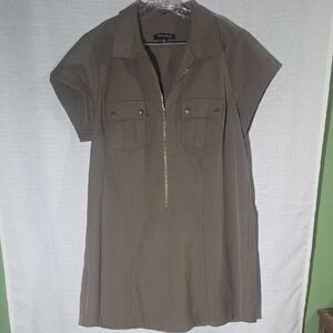 Sharagano Army Green Dress with Brass Tone Zip Detail Collard Womens Size 18W